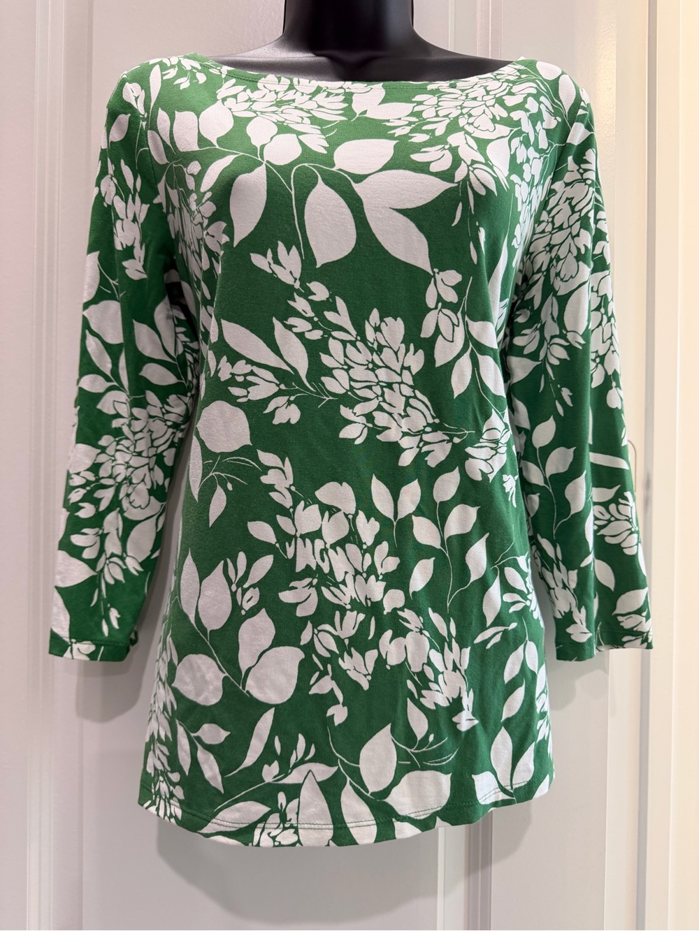 Ann Taylor Factory Green White Floral Boatneck Top 3/4 Sleeve S